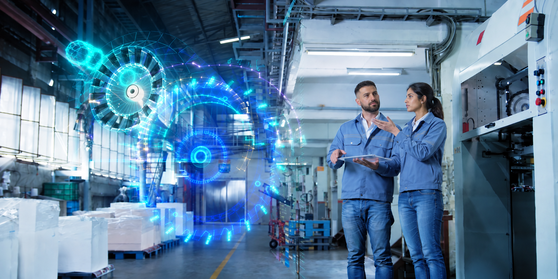 Engineers reviewing industrial AI data in a manufacturing facility
